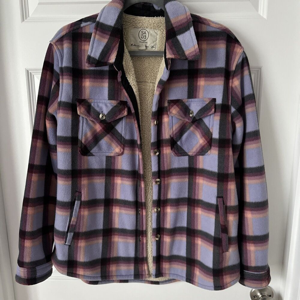 Sage Women's Plaid Plush Sherpa Lined Fleece Shirt Jacket Shacket Purple Blue M